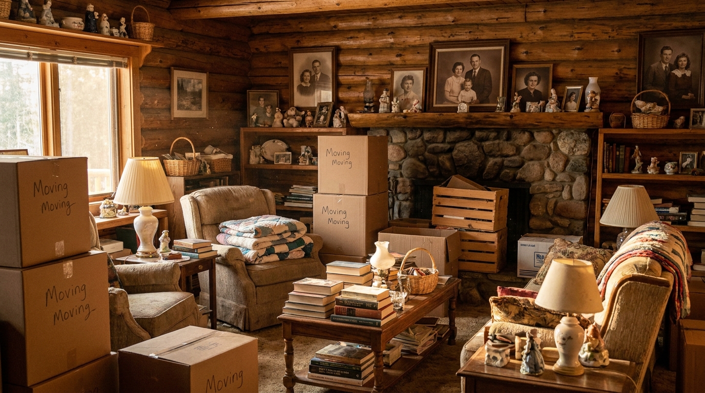 The living room of a lived-in home, filled with a lifetime of belongings