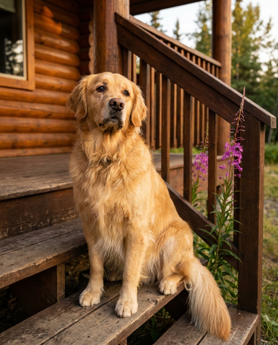 A golden retriever sitting on the steps of a log cabin porch