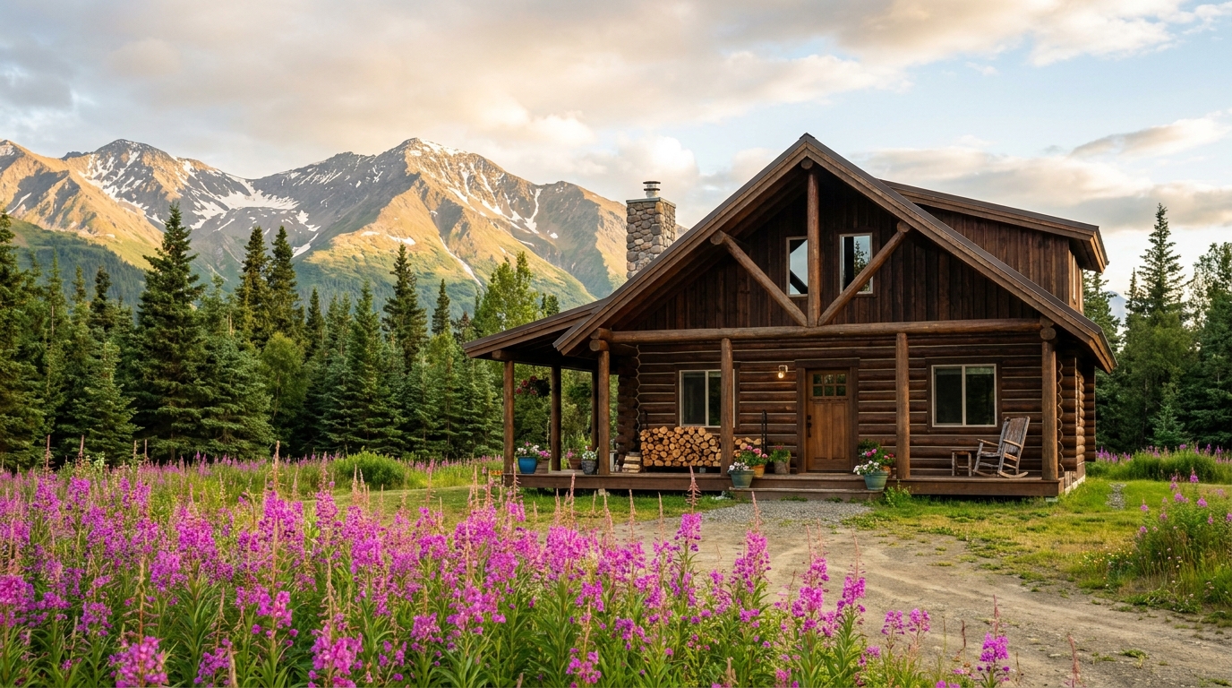 A well-kept Alaskan home with fireweed in bloom and mountains beyond